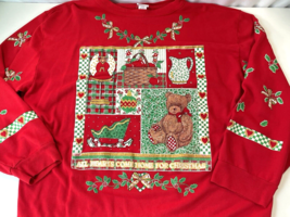 Vtg Christmas On Main Street Ugly Sweatshirt Glitter Country Granny USA Women XL - £14.04 GBP