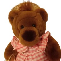 Vtg 1988 Dakin Brown Teddy Bear Straw Hat Basket Pink White Checkered Dress 15&quot; - £37.20 GBP