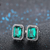 4.00Ct Green Emerald &amp; Sim Diamond Halo Stud Earrings 14K White Gold Finish - £57.06 GBP