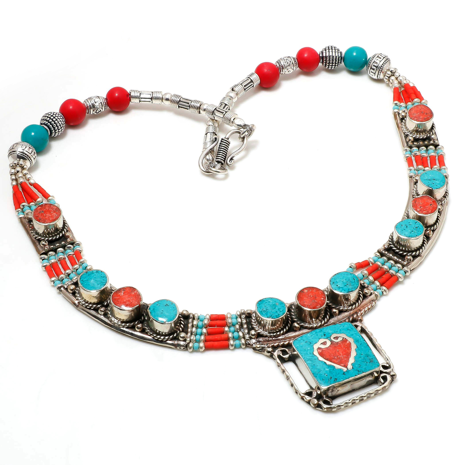Primary image for Red Coral Tibetan Turquoise Handmade Ethnic Jewelry Necklace Nepali 18" SA 4552