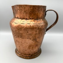 Antique Copper Water Jug With Handle Heavy Handmade Hammered Pitcher Patina - $98.01