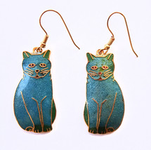 Vintage Cat Lover Kitten Dangling Enamel Earrings Cloisonne Turquoise Pierced 2&quot; - £11.65 GBP