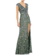 Mac Duggal 5489 Sequin Capsleeve High Slit Gown SZ 10 Fores tGreen-Silve... - $255.42