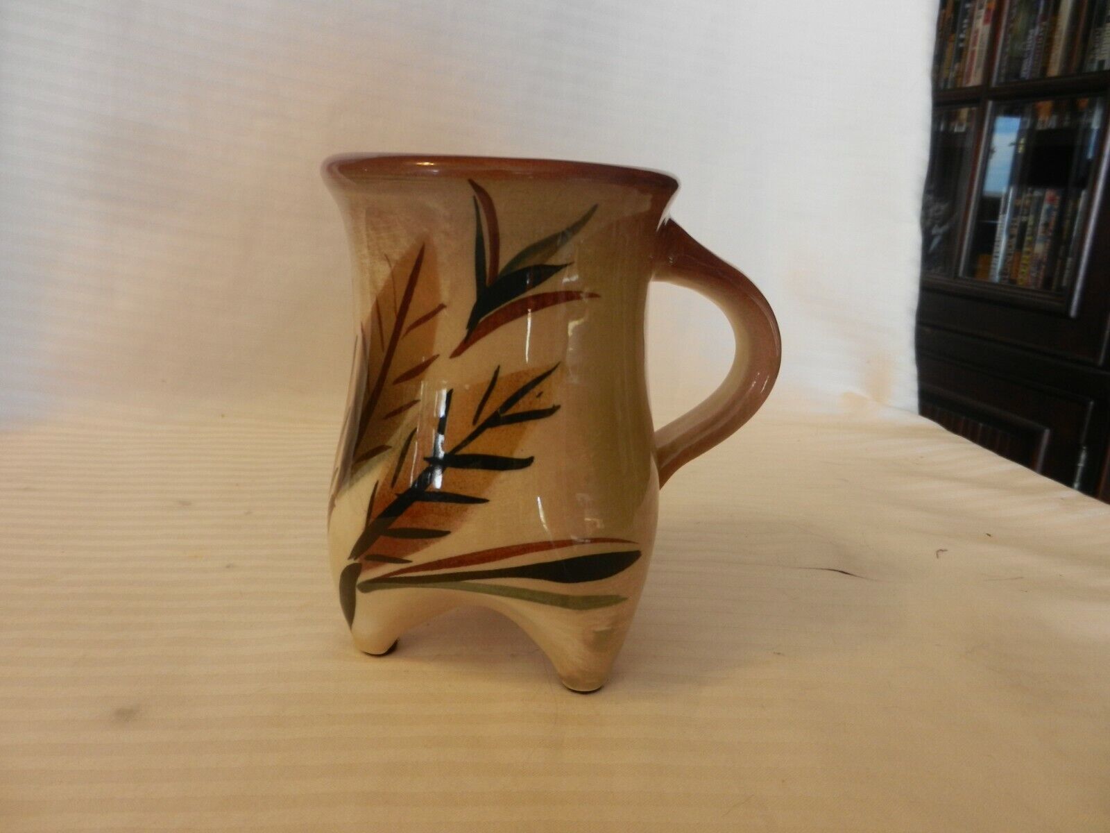 Primary image for Unique 3 Footed Ceramic Coffee Cup, Brown Tones with Leaves Design