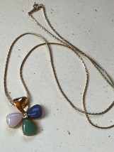 Vintage Long Avon Signed Thin Goldtone Chain w Purple Green &amp; Pink Faux Jade - £10.34 GBP