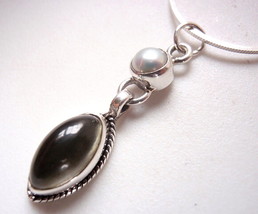 Pearl and Green Amethyst Marquise Cabochon 925 Sterling Silver Necklace New - £17.23 GBP