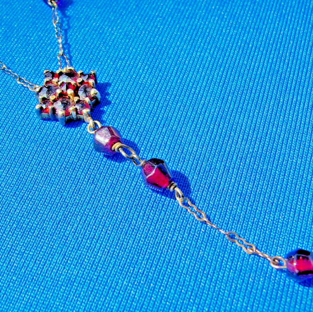 Antique Garnet Deco Necklace Flapper era Vintage 18&quot; inch Chain 10K Gold - $1,325.25