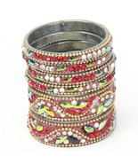 Indian Bangle Stack Jewelry Set of 6 Faux Diamonds Ruby 1 1/2&quot; Inside Di... - $10.77