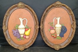 SET OF 2 Vintage Plaster Ware Oval Wall Plaques with Fruit &amp; Vase Kitchen Decor - £19.52 GBP