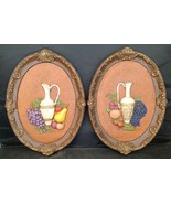 SET OF 2 Vintage Plaster Ware Oval Wall Plaques with Fruit &amp; Vase Kitche... - $26.00