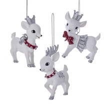 Set/3 Kurt Adler Silver Glitter White Fawn Deer Ornaments Retro Christmas Decor - £30.25 GBP