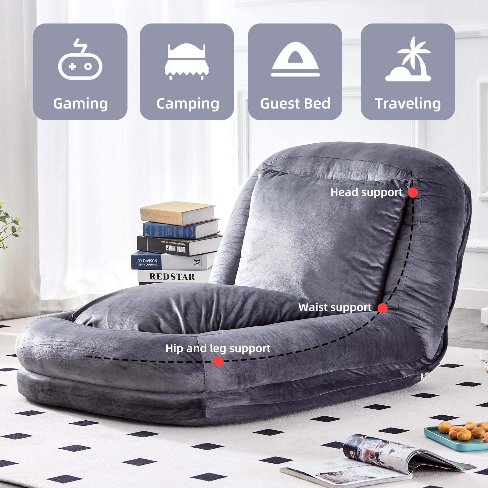 Gray Flannelette Folding Sofa Chair: Gaming, Relaxation, Adjustable Item image 6