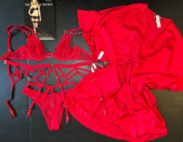 Victoria&#39;s Secret unlined 32D BRA SET+garter+S panty+ROBE love RED lace strappy - $168.29