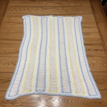 Crocheted Baby Boy Blanket Handmade Afghan Blue White Pale Yellow 24&quot; x 36&quot; Soft - £31.28 GBP