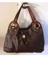 MICHAEL KORS Brown Leather Gold Ring Trim Drawstring Shoulderbag Purse H... - $48.27 CAD