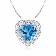 ANGARA Heart-Shaped Swiss Blue Topaz Pendant with Diamond Halo in 14K Solid Gold - £512.85 GBP