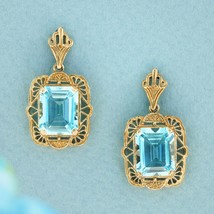 Natural Emerald Cut Blue Topaz Vintage Style Filigree Drop Earrings in 9K Gold - £668.63 GBP