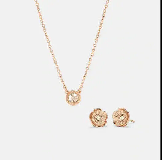 Primary image for COACH Open Circle Necklace And Tea Rose Stud Earrings Set NEW