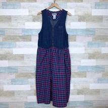 Jantzen VTG 90s Denim Plaid Pinafore Smock Maxi Dress Blue Purple Womens Small - £57.26 GBP