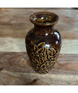 Ceramic Bud Vase Brown Flowers Design Relief Decorative Retro MCM Earthy... - $19.24 CAD