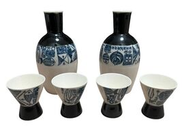 Vintage Japanese Kutani Ware Pottery Sake Tea Cup Bottle Set Blue White ... - $96.77