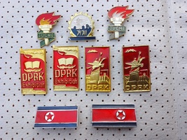 DPRK Korea Flags Coat of Arms Korea Communist Period Vintage Pins Pyongyang - £19.90 GBP