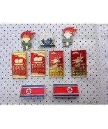 DPRK Korea Flags Coat of Arms Korea Communist Period Vintage Pins Pyongyang - $24.90