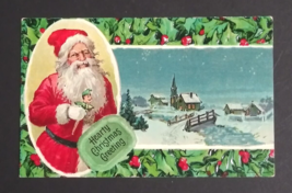 Hearty Christmas Greeting Santa Holly Scenic View Embossed Postcard c1910s - £7.91 GBP