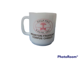 Glasbake white milk glass advertising mug coffee cup Gulf Tex Valve Inc ... - £8.03 GBP