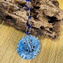 Chinese Carved Lapis Pendant Blue Swarovski Crystal Necklace Silver Tone - $19.99