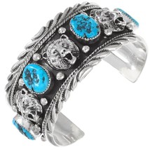 Native Navajo Bears Head &amp; Turquoise Bracelet, Sterling Silver Cuff s6-6.5 - £462.82 GBP