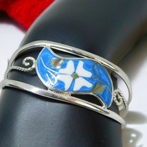 Vtg Alpaca Mexico Bracelet Cuff Floral Abalone MOP Chips Blue Enamel Small Wrist - £11.73 GBP