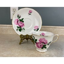 Queen Anne Pink Stemmed Roses Bone China England Tea Cup And Saucer Set - $14.84