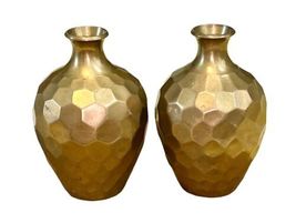 Vintage Pair Solid Brass Geometric Vase 5.75" Tall Made in India MCM Hammered image 3