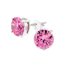Precious Stars Sterling Silver 6 mm Round Pink Cubic Zirconia Stud Earrings - £16.59 GBP