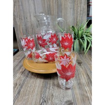 Vintage Christmas Pitcher &amp; 4 Tumblers, Poinsettia Drinking Glasses - $80.00