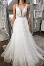 V Neck Open Back White Lace Long Prom Dresses, White Lace Wedding Dress,... - £141.95 GBP