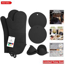 6-Pc Black Oven Mitts &amp; Potholders Set - Durable, Stylish, and Heat-Resi... - $49.45