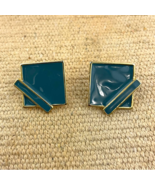 VTG Gold Tone Square Green Enamel Earrings Retro 1&quot; Stamped R - £10.61 GBP
