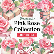 Bundle Watercolor Pink Rose Collection Clipart PNG - £2.37 GBP
