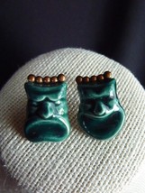 Unsigned Pine Green Ceramic Earrings set in Copper - Tribal Face by Elzac - £21.16 GBP