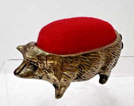 Older Brass Pig Piggy Shaped Pincushion Red Velvet Cushion 3 1/4 x 1 1/4... - $32.18