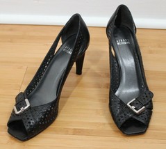 Stuart Weitzman 9 N Black Perforated Leather Peep Toe Buckle Heels - $36.10