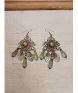 Vintage Handmade Earrings Folk Art  Costume Jewelry Green Crystal Leaves - $27.86 CAD