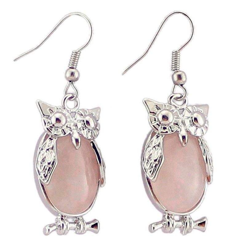 Handmade Jewelry Owl Design Natural Rose Quartz Gem Silver Dangle Hook Earrings - $28.00