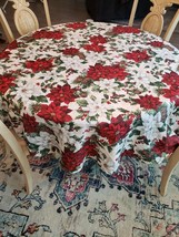 St Nicholas Square 68&quot; Round Tablecloth Christmas Poinsettias Red White Flowers - £9.49 GBP