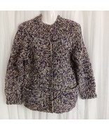 Hand Knit Cardigan Sweater Purple Tan Gold Ribbon Patch Pockets Fancy Bu... - £32.33 GBP