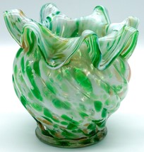 Vintage Hand Blown Murano Speckled Glass Vase Green White &amp; Sparkling Go... - £51.55 GBP