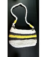 Hand Made Crochet Purse / Shoulder Bag White with Grey &amp; Yellow Stripes - $333.43 MXN