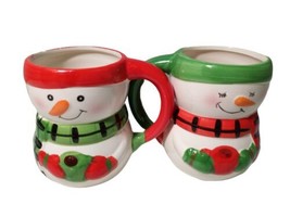 Bay Island Snowman Coffee Cup Hot Cocoa 2 Mug Set Ceramic 4&quot; Christmas Vtg Red - £9.56 GBP